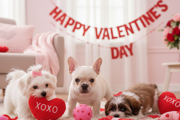 valentine with frenchie maltese and shihtzu playing with valentine toys